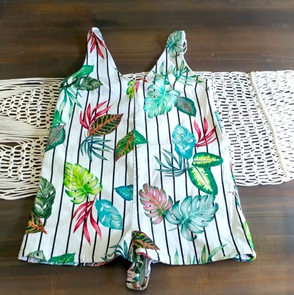Zara tropical striped white denim romper
